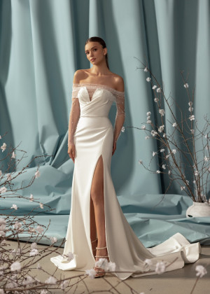 Off Shoulder Pearls Beaded Ivory Satin Slit Wedding Dress Off Shoulder Pearls Beaded Ivory Satin Slit Wedding Dress